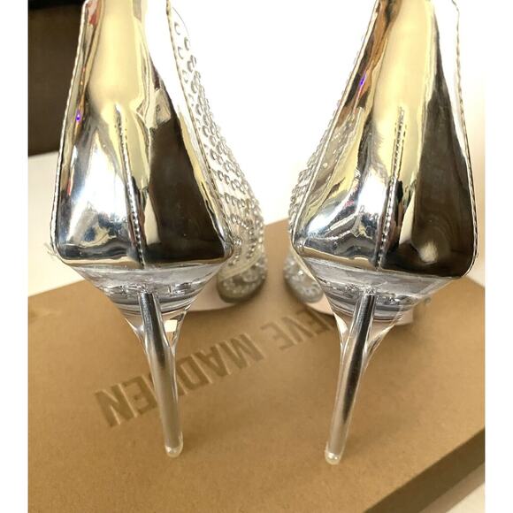 NIB Steve Madden Sz 8.5 Revolve Vala-R Rhnstn Clear Solid Silver Bck Panel Heels - Picture 6 of 10